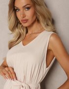  Rochie Plisată Bej Midi cu pliuri la bază și curea în talie Wrensilva