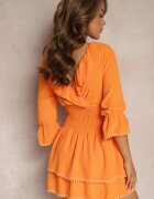  Rochie Portocalie Petrecută cu Volan Decorativ și Elastic în Talie Tesora