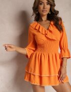  Rochie Portocalie Petrecută cu Volan Decorativ și Elastic în Talie Tesora