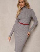  Rochie Pulover Gri Mulată Reiată cu Guler Înalt din Lână Bumbac și Cașmir Vaiovia
