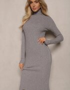  Rochie Pulover Gri Mulată Reiată cu Guler Înalt din Lână Bumbac și Cașmir Vaiovia