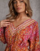  Rochie Roșie cu Decolteu în V cu croială evazată cu imprimeu Paisley Akka