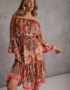  Rochie roșie evazată cu imprimeu Paisley cu franjuri și decolteu spaniol Jotalle