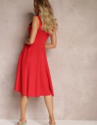  Rochie Roșie Midi cu Bretele Largi cu Fusta Cloș Kiratta