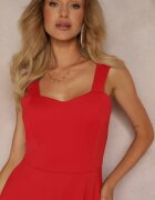  Rochie Roșie Midi cu Bretele Largi cu Fusta Cloș Kiratta