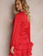  Rochie Roșie Mini cu Decolteu petrecut și Volane Onnas