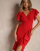  Rochie Roșie Petrecută cu Decolteu Triunghiular și Volane Holana