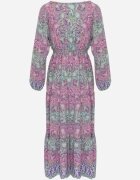  Rochie Roz cu Decolteu în V Evazată cu Imprimeu Paisley Akka