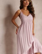  Rochie Roz Evazată Maxi cu Dantelă și Decolteu Adânc Zonila