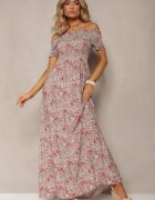  Rochie Roză Lungă din bumbac cu umerii goi cu imprimeu floral Nrosa