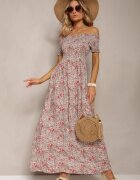  Rochie Roză Lungă din bumbac cu umerii goi cu imprimeu floral Nrosa