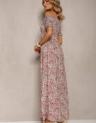  Rochie Roză Lungă din bumbac cu umerii goi cu imprimeu floral Nrosa