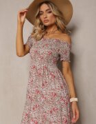  Rochie Roză Lungă din bumbac cu umerii goi cu imprimeu floral Nrosa