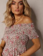  Rochie Roză Lungă din bumbac cu umerii goi cu imprimeu floral Nrosa