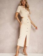  Rochie tip cămașă Bej închisă cu nasturi cu decupaje decorative în talie și cu încrețituri Tavlea