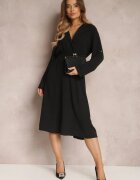  Rochie Tip Cămașă Neagră Midi cu elastic în talie Natelin