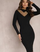  Rochie tip pulover Negru Midi cu guler semi-înalt și decolteu în V cu Zirconii Sylvestra