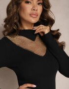  Rochie tip pulover Negru Midi cu guler semi-înalt și decolteu în V cu Zirconii Sylvestra