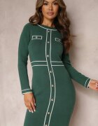  Rochie Tricotată Verde cu nasturi și cusături Josphinne