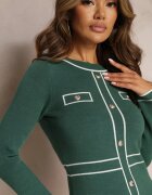 Rochie Tricotată Verde cu nasturi și cusături Josphinne