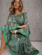 Rochie Verde Cloș cu Imprimeu Paisley cu Franjuri și Decolteu Spaniol Jotalle