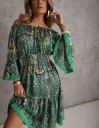  Rochie Verde Cloș cu Imprimeu Paisley cu Franjuri și Decolteu Spaniol Jotalle