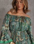  Rochie Verde Cloș cu Imprimeu Paisley cu Franjuri și Decolteu Spaniol Jotalle