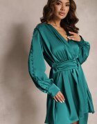  Rochie Verde cu Cordon decorat cu Cataramă și Elastic în Talie cu Decolteu Petrecut Carbanla
