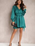  Rochie Verde cu Cordon decorat cu Cataramă și Elastic în Talie cu Decolteu Petrecut Carbanla