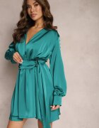  Rochie Verde cu Cordon decorat cu Cataramă și Elastic în Talie cu Decolteu Petrecut Carbanla