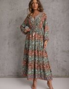 Rochie Verde cu decolteu în V cu croială evazată cu imprimeu Paisley Akka