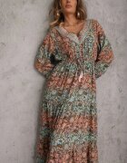  Rochie Verde cu decolteu în V cu croială evazată cu imprimeu Paisley Akka