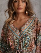  Rochie Verde cu decolteu în V cu croială evazată cu imprimeu Paisley Akka