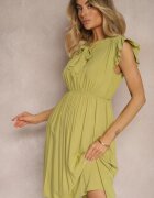  Rochie verde deschis cloș cu elastic în talie și legătură la decolteu Naque