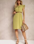  Rochie verde deschis cloș cu elastic în talie și legătură la decolteu Naque
