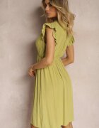  Rochie verde deschis cloș cu elastic în talie și legătură la decolteu Naque