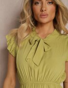  Rochie verde deschis cloș cu elastic în talie și legătură la decolteu Naque