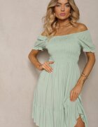  Rochie Verde din bumbac cu croi evazat cu elastic la decolteu Moridia