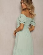  Rochie Verde din bumbac cu croi evazat cu elastic la decolteu Moridia