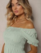  Rochie Verde din bumbac cu croi evazat cu elastic la decolteu Moridia
