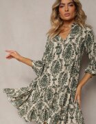  Rochie Verde din Bumbac cu Croi Evazat Finisată cu Volan Niloa