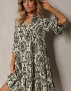  Rochie Verde din Bumbac cu Croi Evazat Finisată cu Volan Niloa