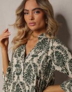  Rochie Verde din Bumbac cu Croi Evazat Finisată cu Volan Niloa