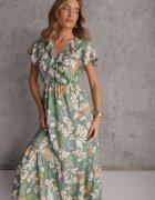  Rochie Verde din Viscoză Maxi cu Imprimeu Floral Mahiza