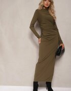  Rochie Verde închis cu croială mulată cu drapaje și șliț Galariel