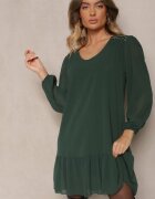  Rochie Verde închis din Vâscoză cu Mâneci Bufante și Volan la Bază din Plasă Ilita