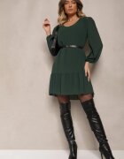  Rochie Verde închis din Vâscoză cu Mâneci Bufante și Volan la Bază din Plasă Ilita