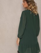  Rochie Verde închis din Vâscoză cu Mâneci Bufante și Volan la Bază din Plasă Ilita