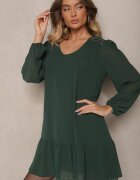  Rochie Verde închis din Vâscoză cu Mâneci Bufante și Volan la Bază din Plasă Ilita