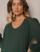  Rochie Verde închis din Vâscoză cu Mâneci Bufante și Volan la Bază din Plasă Ilita